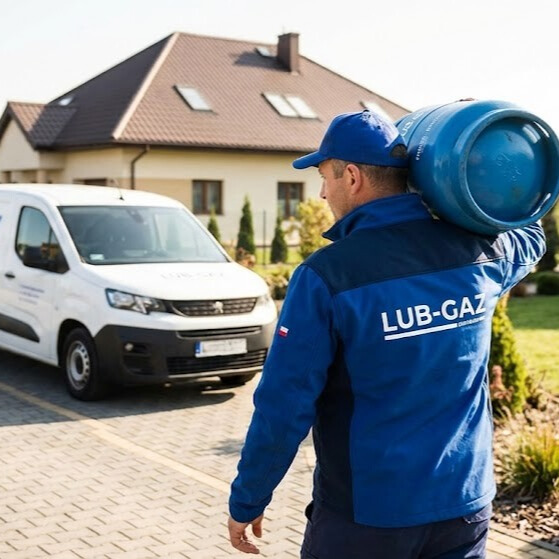 Pracownik LUB-GAZ wymieniający butlę gazową 11kg u klienta.