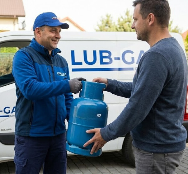 Pracownik LUB-GAZ wymieniający butlę gazową 11kg u klienta.